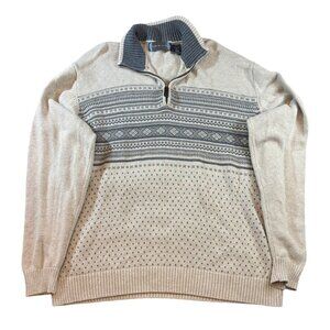 Oscar De La Renta Beige & Gray 1/4 Zip Sweater XL 100% Cotton Knit Mens Pullover